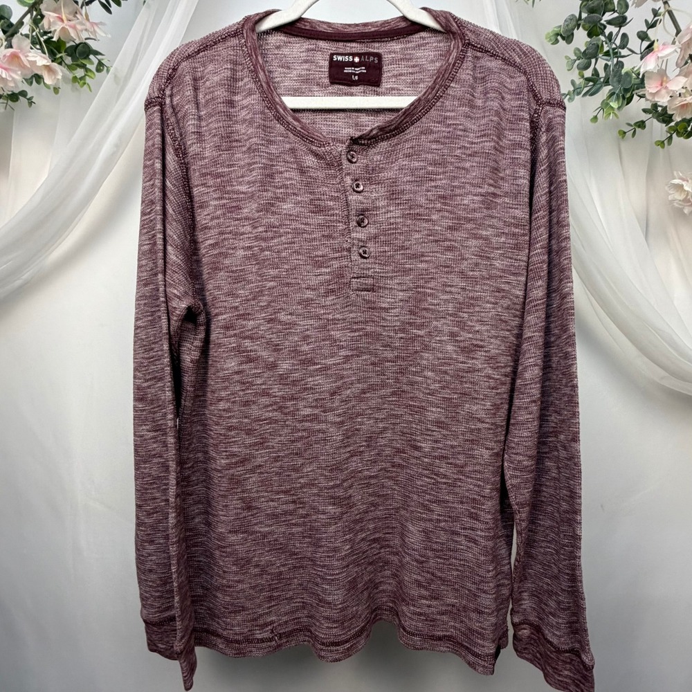 Swiss Alps Mens Large Burgundy Space Dye Waffle Knit Long Sleeve Henley Shirt
